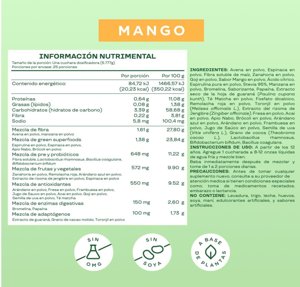 Tabla nutrimental NutriFlora Greens Mango